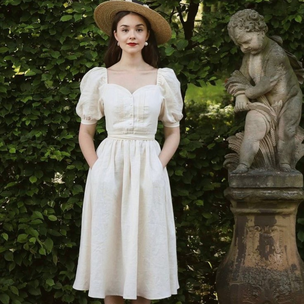 Chic Cream Puff Sleeve Midi Dress - Picture 2 of 4